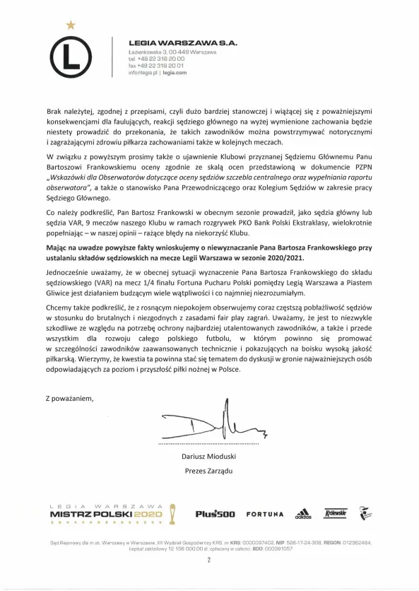 Legia Warszawa, pismo do kolegium 2 marca 2021