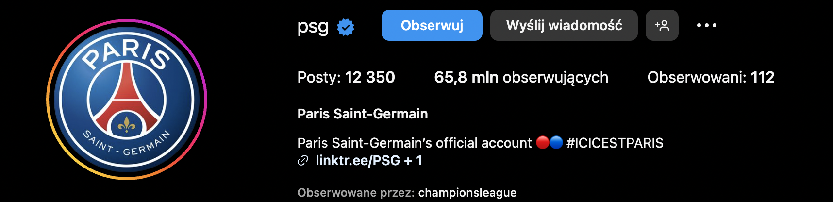 Liczba obserwujących PSG na Instagramie wynosi niecałe 66 mln (19.10.23)