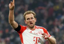 Harry Kane po zdobyciu gola dla Bayernu Monachium